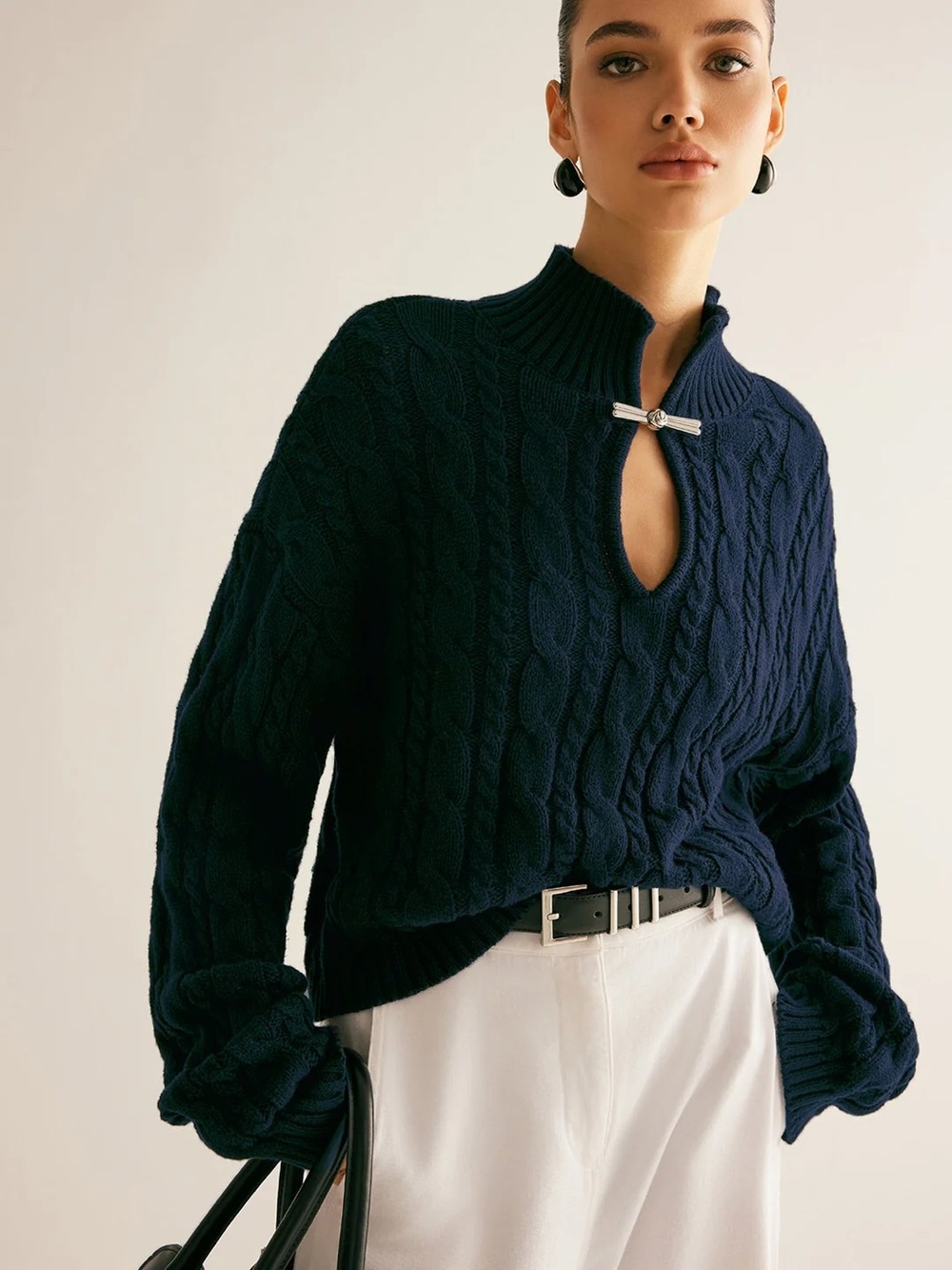 Commense Navy Cable-Knit Sweater with Keyhole Clasp